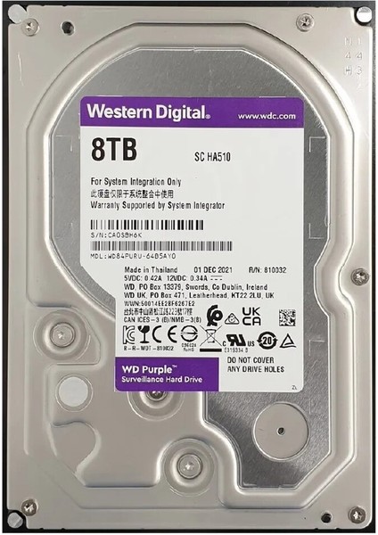 8 Tb Wd Purple 3.5" 128MB 5400RPM Sata3 (WD84PURU) 7/24 Güvenlik Disk