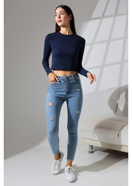 Bisiklet Yaka Penye Kompakt Esnek Kumaş Uzun Kol Bluz 21651 Lacivert