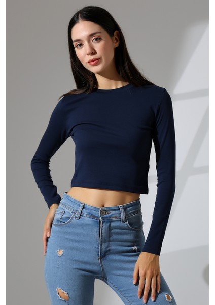 Bisiklet Yaka Penye Kompakt Esnek Kumaş Uzun Kol Bluz 21651 Lacivert fiyatları