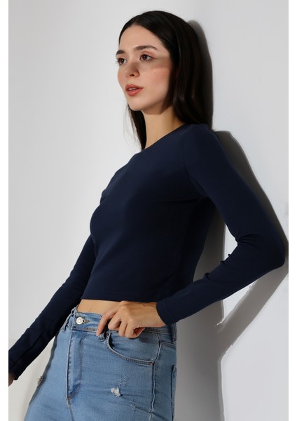 Bisiklet Yaka Penye Kompakt Esnek Kumaş Uzun Kol Bluz 21651 Lacivert modelleri
