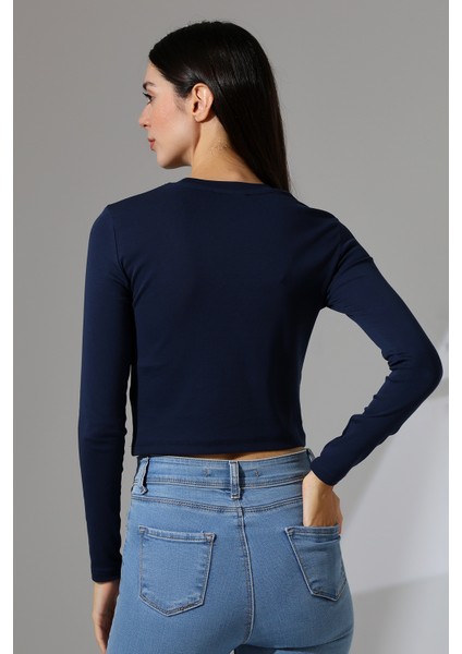 Bisiklet Yaka Penye Kompakt Esnek Kumaş Uzun Kol Bluz 21651 Lacivert fırsatları