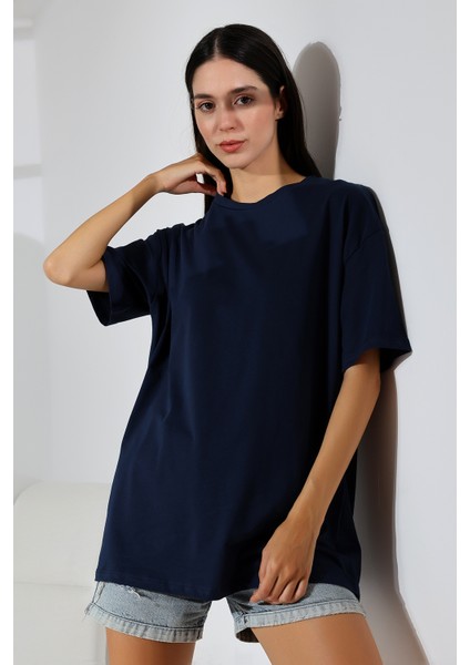 Oversize Bisiklet Yaka Pamuk Penye Kompakt Basic T-Shirt 21752 Lacivert modelleri