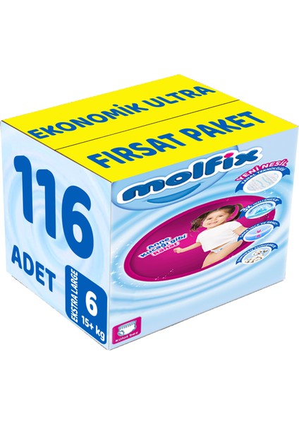 Külot Bebek Bezi Beden:6 (15+Kg) Extra Large 116 Adet Ekonomik Ultra Fırsat Pk