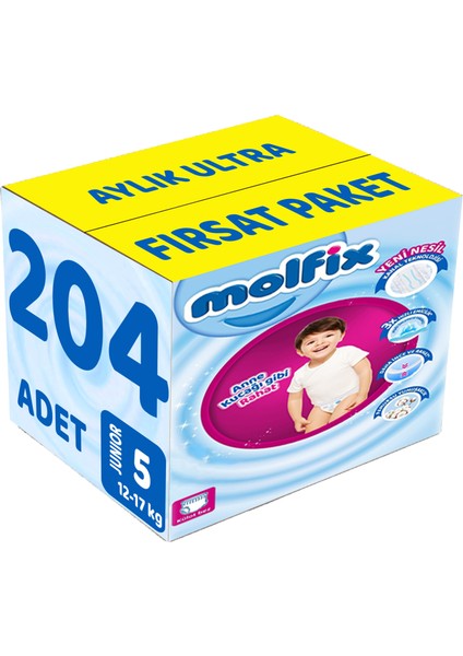 Külot Bebek Bezi Beden:5 (12-17KG) Junior 204 Adet Aylık Ultra Fırsat Pk