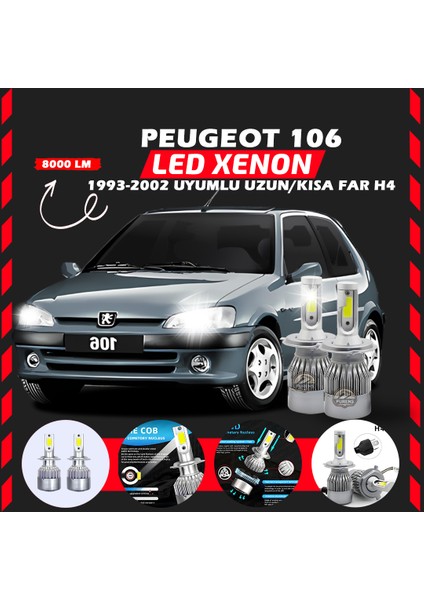 Peugeot 106 1993-2002 Uzun-Kısa Far Uyumlu Şimşek Etkili LED Xenon Performance Series H4