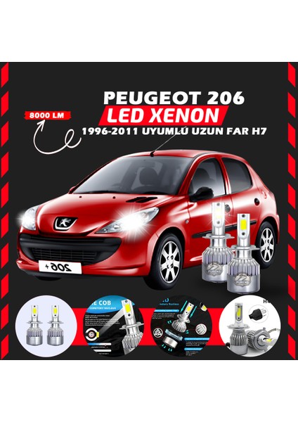 Peugeot 206 1996-2011 Uzun Far Uyumlu Şimşek Etkili LED Xenon Performance Series H7