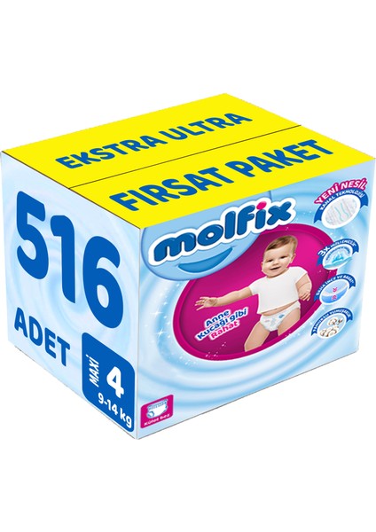 Külot Bebek Bezi Beden:4 (9-14KG) Maxi 516 Adet Ekstra Ultra Fırsat Pk