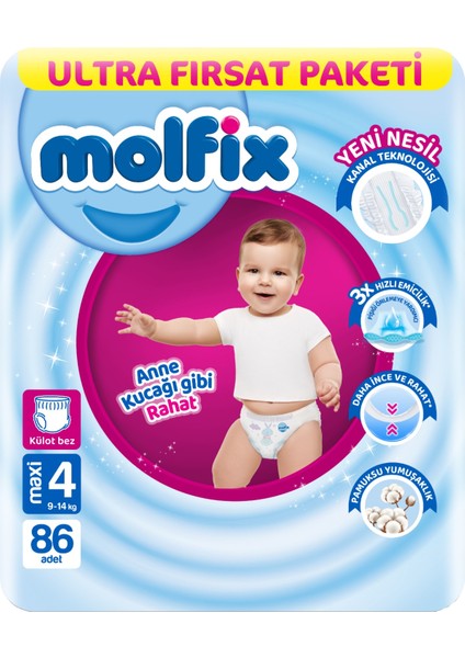 Külot Bebek Bezi Beden:4 (9-14KG) Maxi 258 Adet Aylık Ultra Fırsat Pk