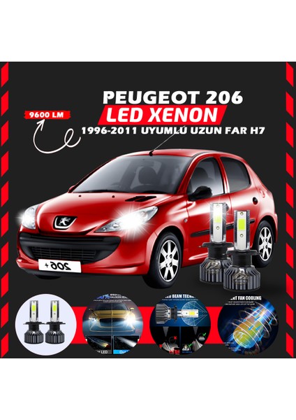 Peugeot 206 1996-2011 Uzun Far Uyumlu Şimşek Etkili LED Xenon Pro Series H7