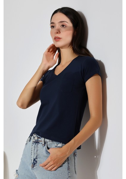 Pis V Yaka Penye Kompakt Likralı Kısa Kol Cepli Basic T-Shirt 21065 Lacivert modelleri