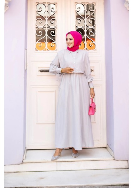 Kadın Tesettür Giyim Üst Cepken Detaylı Lizza Kumaş Ikili Elbise BOY:135CM