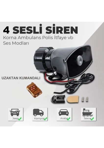 Her Araca Uyumlu Universal 4 Sesli Uzaktan Kumandalı Pols Siren