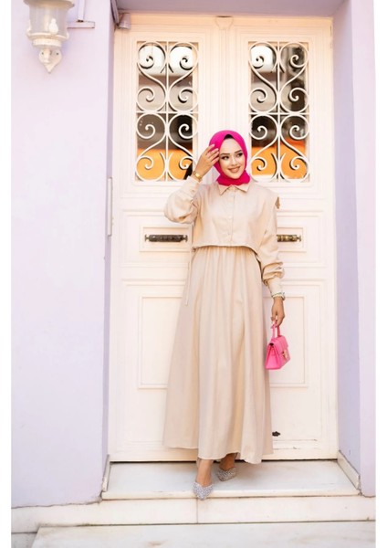 Kadın Tesettür Giyim Üst Cepken Detaylı Lizza Kumaş Ikili Elbise BOY:135CM