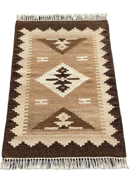 El Dokuma Dekoratif Kilim 64X90 Kahve Krem Yün Kök Boya Kilim