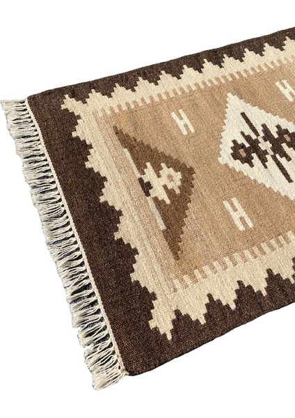 El Dokuma Dekoratif Kilim 64X90 Kahve Krem Yün Kök Boya Kilim