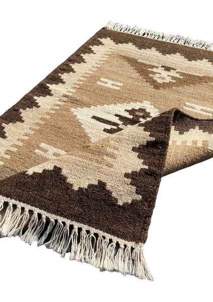 El Dokuma Dekoratif Kilim 64X90 Kahve Krem Yün Kök Boya Kilim