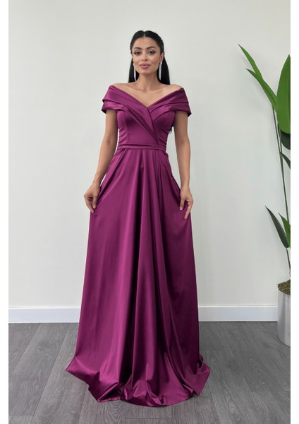 Saten Kumaş Kayık Yaka Abiye Elbise - Mürdüm