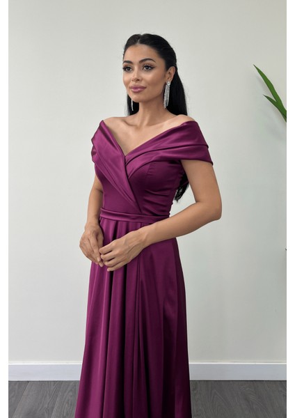 Saten Kumaş Kayık Yaka Abiye Elbise - Mürdüm modelleri