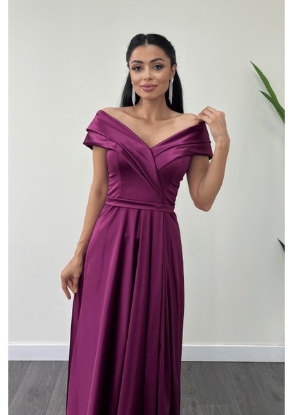 Saten Kumaş Kayık Yaka Abiye Elbise - Mürdüm fırsatları