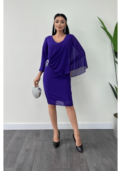 Atlas Kumaş Şifon Broş Detaylı Kalem Elbise - Mor