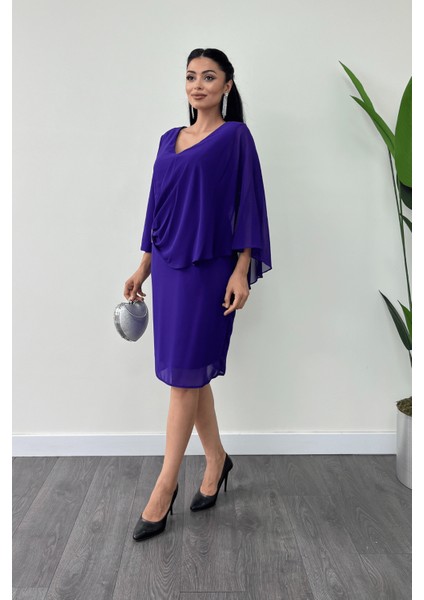 Atlas Kumaş Şifon Broş Detaylı Kalem Elbise - Mor fiyatları