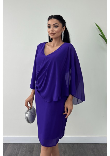 Atlas Kumaş Şifon Broş Detaylı Kalem Elbise - Mor modelleri