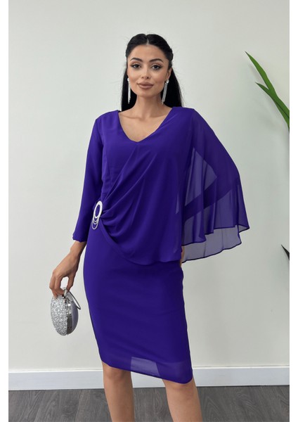 Atlas Kumaş Şifon Broş Detaylı Kalem Elbise - Mor fırsatları