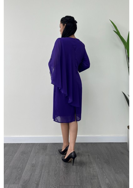 Atlas Kumaş Şifon Broş Detaylı Kalem Elbise - Mor indirimleri