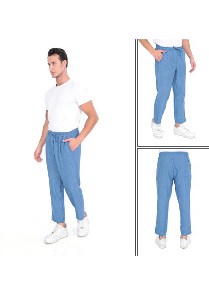 Ince Yazlık Erkek Yüksek Bel Rahat Salaş Pamuklu Slouchy Fit Basic Beli Lastikli Bilek Boy Pantolon