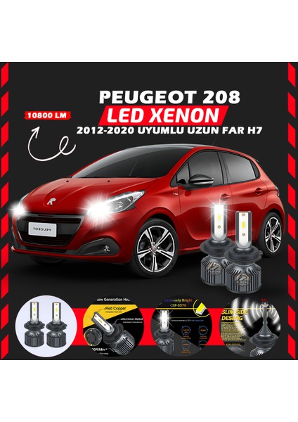 Peugeot 208 2012-2020 Uzun Far Uyumlu Şimşek Etkili LED Xenon Premium Series H7