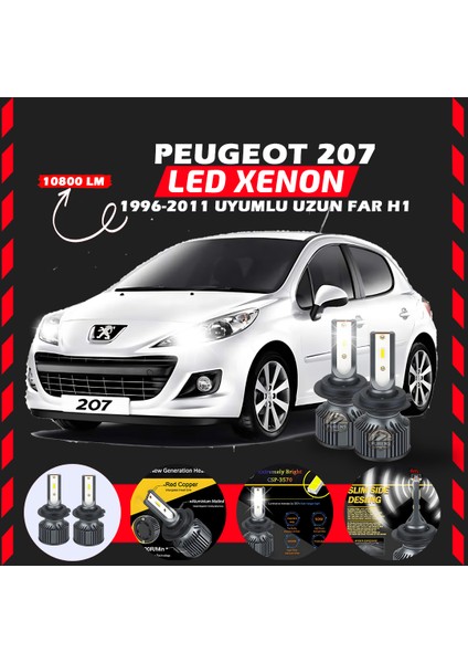 Peugeot 207 1996-2011 Uzun Far Uyumlu Şimşek Etkili LED Xenon Premium Series H1