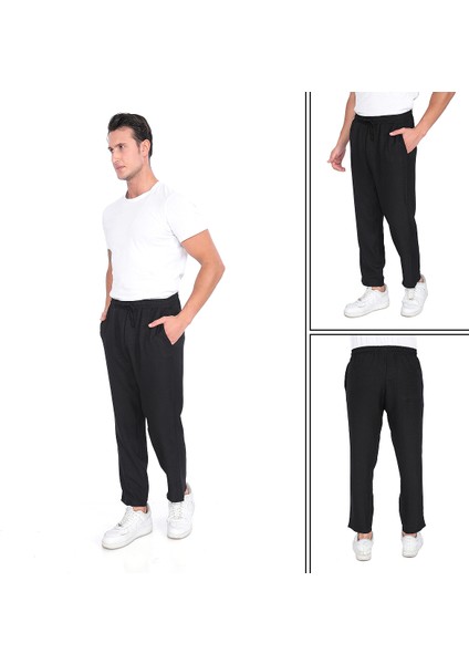 Ince Yazlık Erkek Yüksek Bel Rahat Salaş Pamuklu Slouchy Fit Basic Beli Lastikli Bilek Boy Pantolon