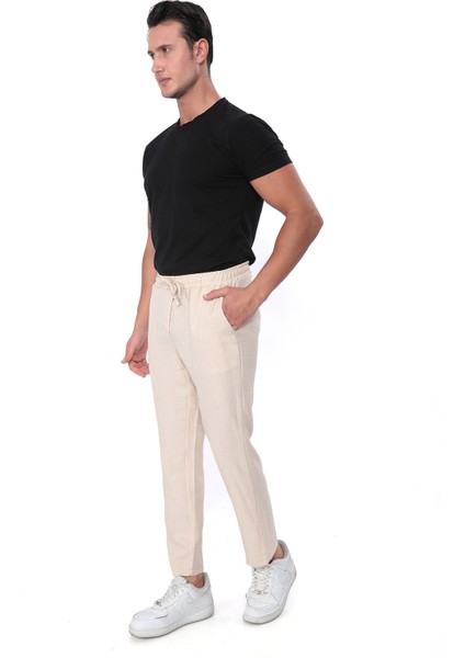 Ince Yazlık Erkek Yüksek Bel Rahat Salaş Pamuklu Slouchy Fit Basic Beli Lastikli Bilek Boy Pantolon