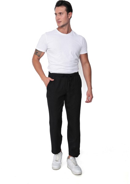 Ince Yazlık Erkek Yüksek Bel Rahat Salaş Pamuklu Slouchy Fit Basic Beli Lastikli Bilek Boy Pantolon