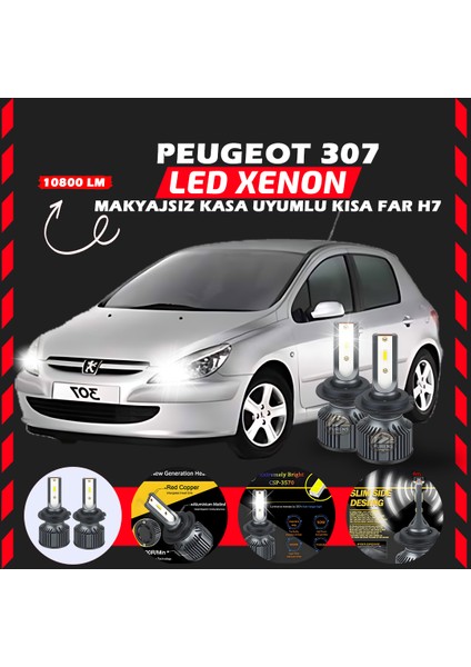 Peugeot 307 Makyajsız Kasa Kısa Far Uyumlu Şimşek Etkili LED Xenon Premium Series H7