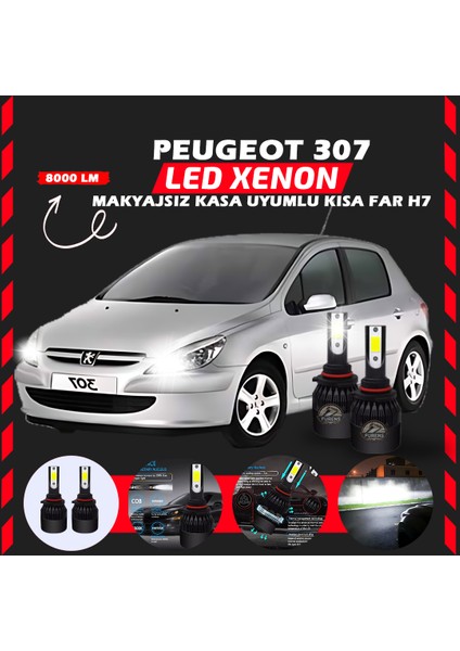 Peugeot 307 Makyajsız Kasa Kısa Far Uyumlu Şimşek Etkili LED Xenon Light Series H7