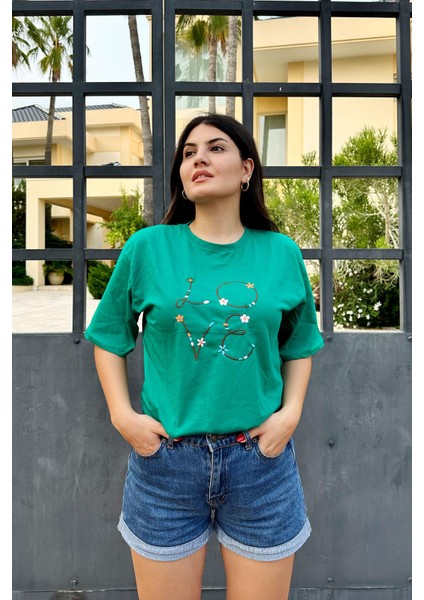 Turkuaz Renk Love Baskı Nakış Desenli Oversize T-Shirt