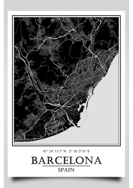 Barselona Şehir Haritası Çerçevesiz Poster-Harita Sanatı, Map Art Design