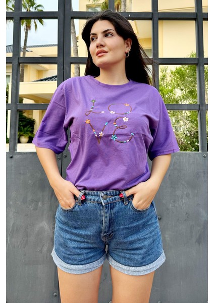 Mor Renk Love Baskı Nakış Desenli Oversize T-Shirt