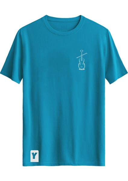Keman Baskılı Slim Fit Tişört Bisiklet Yaka T-Shirt Mavi