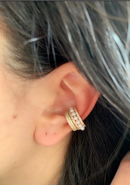 Kıkırdak Küpe Incili Zirkon Taşlı Çelik Premium Inci Earcuff Gold