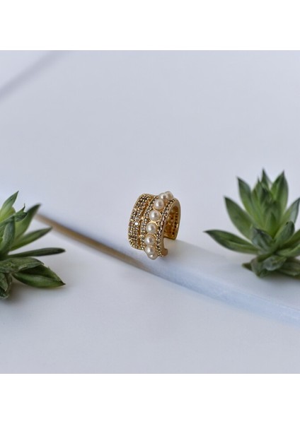 Kıkırdak Küpe Incili Zirkon Taşlı Çelik Premium Inci Earcuff Gold