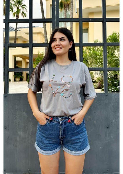 Gri Renk Love Baskı Nakış Desenli Oversize T-Shirt