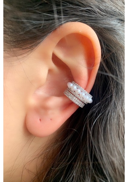 Kıkırdak Küpe Incili Zirkon Taşlı Çelik Premium Inci Earcuff Gri