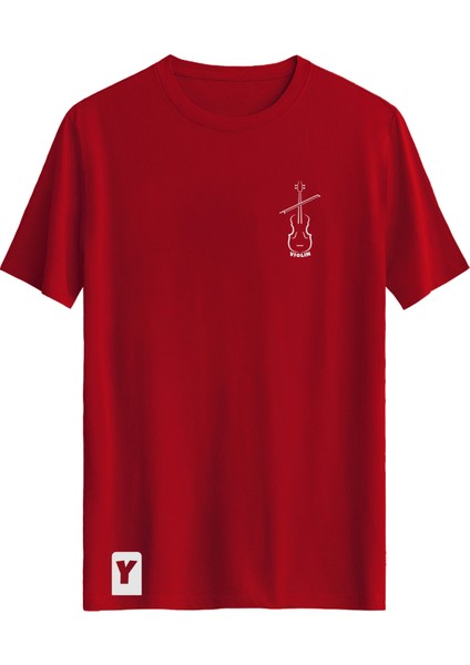 Keman Baskılı Slim Fit Tişört Bisiklet Yaka T-Shirt Kırmızı