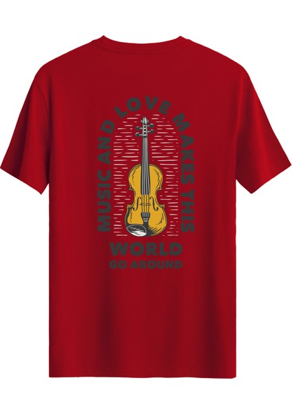 Keman Baskılı Slim Fit Tişört Bisiklet Yaka T-Shirt Kırmızı