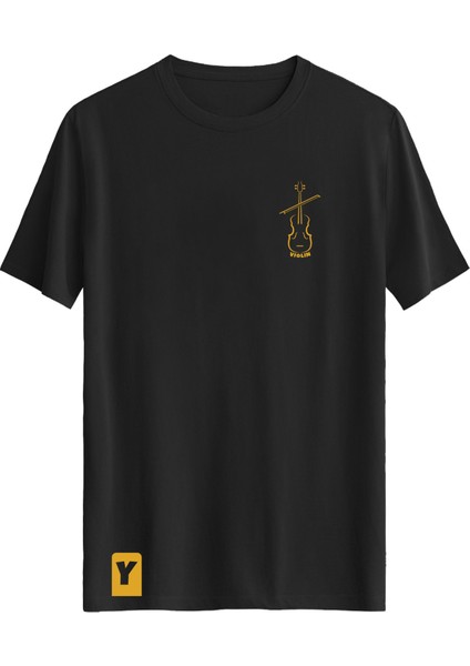 Keman Baskılı Slim Fit Tişört Bisiklet Yaka T-Shirt Siyah