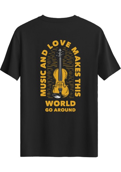 Keman Baskılı Slim Fit Tişört Bisiklet Yaka T-Shirt Siyah