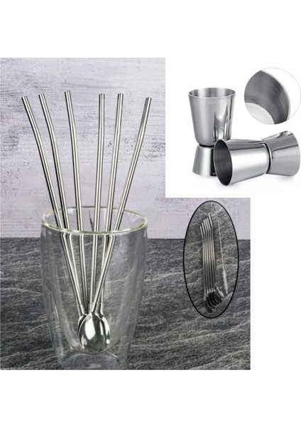 Jigger 2/4 cl + Kaşıklı Çelik Pipet 6lı + Fırça Kokteyl Karıştırıcı Kaşığı Bar Koktely Ölçeği