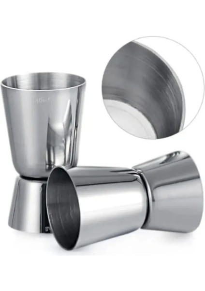 Jigger 2/4 cl + Kaşıklı Çelik Pipet 6lı + Fırça Kokteyl Karıştırıcı Kaşığı Bar Koktely Ölçeği